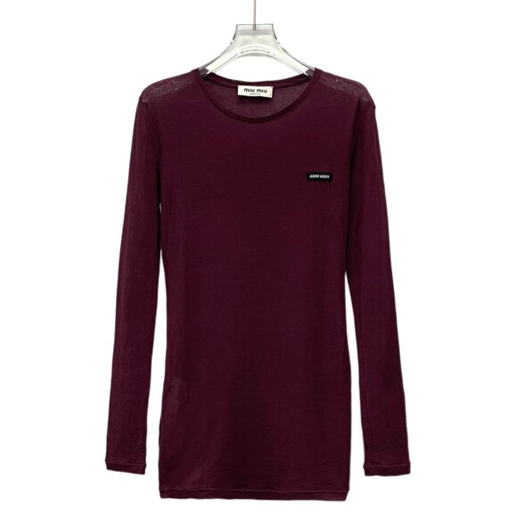 EW0075 MiuMiu Dark Red Cotton Round Neck Long Sleeve Knitted Slim Dress XS Size